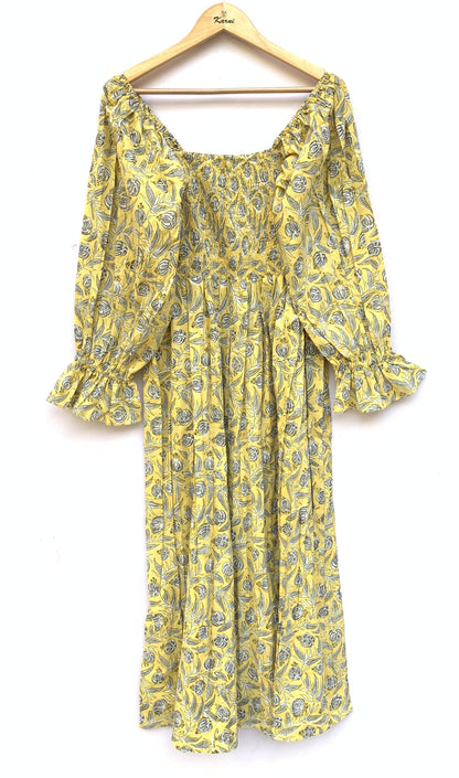 Yellow Floral Hand Block Printed Cotton Midi Dress – Smocked Bodice Puff Sleeve Boho Dress