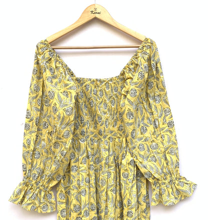 Yellow Floral Hand Block Printed Cotton Midi Dress – Smocked Bodice Puff Sleeve Boho Dress
