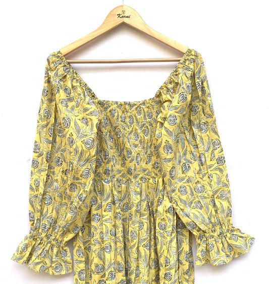 Yellow Floral Hand Block Printed Cotton Midi Dress – Smocked Bodice Puff Sleeve Boho Dress