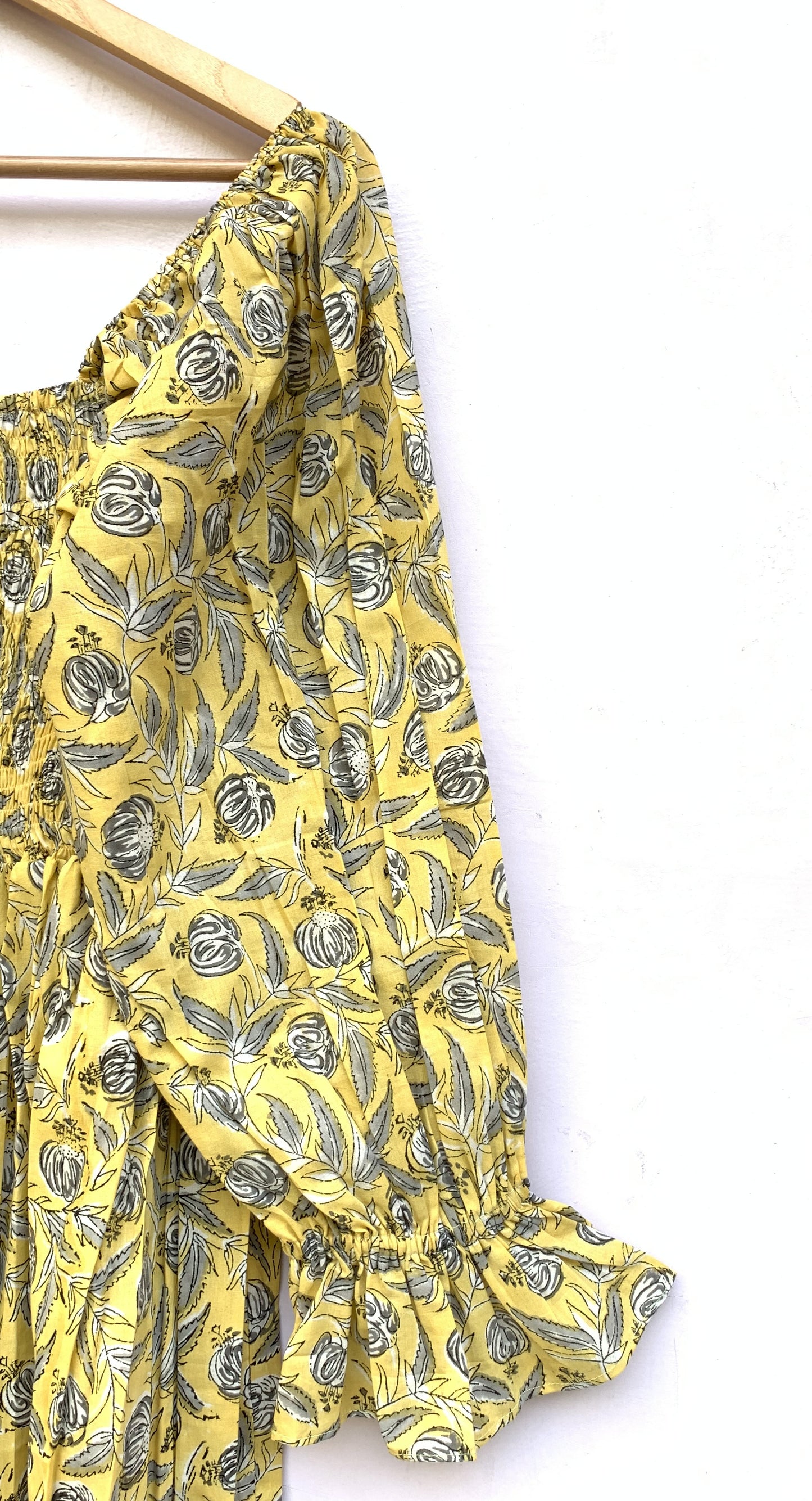 Yellow Floral Hand Block Printed Cotton Midi Dress – Smocked Bodice Puff Sleeve Boho Dress