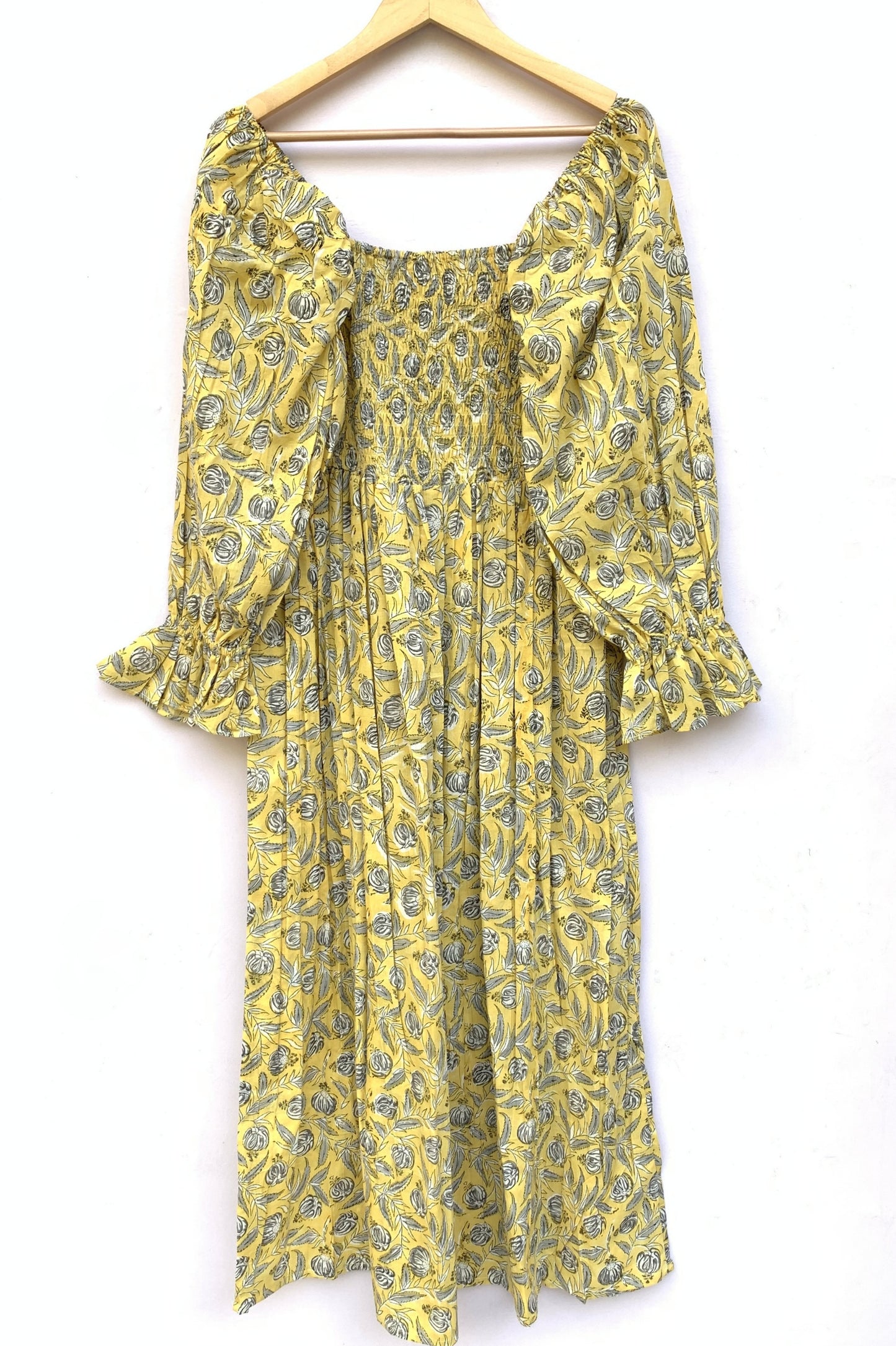 Yellow Floral Hand Block Printed Cotton Midi Dress – Smocked Bodice Puff Sleeve Boho Dress