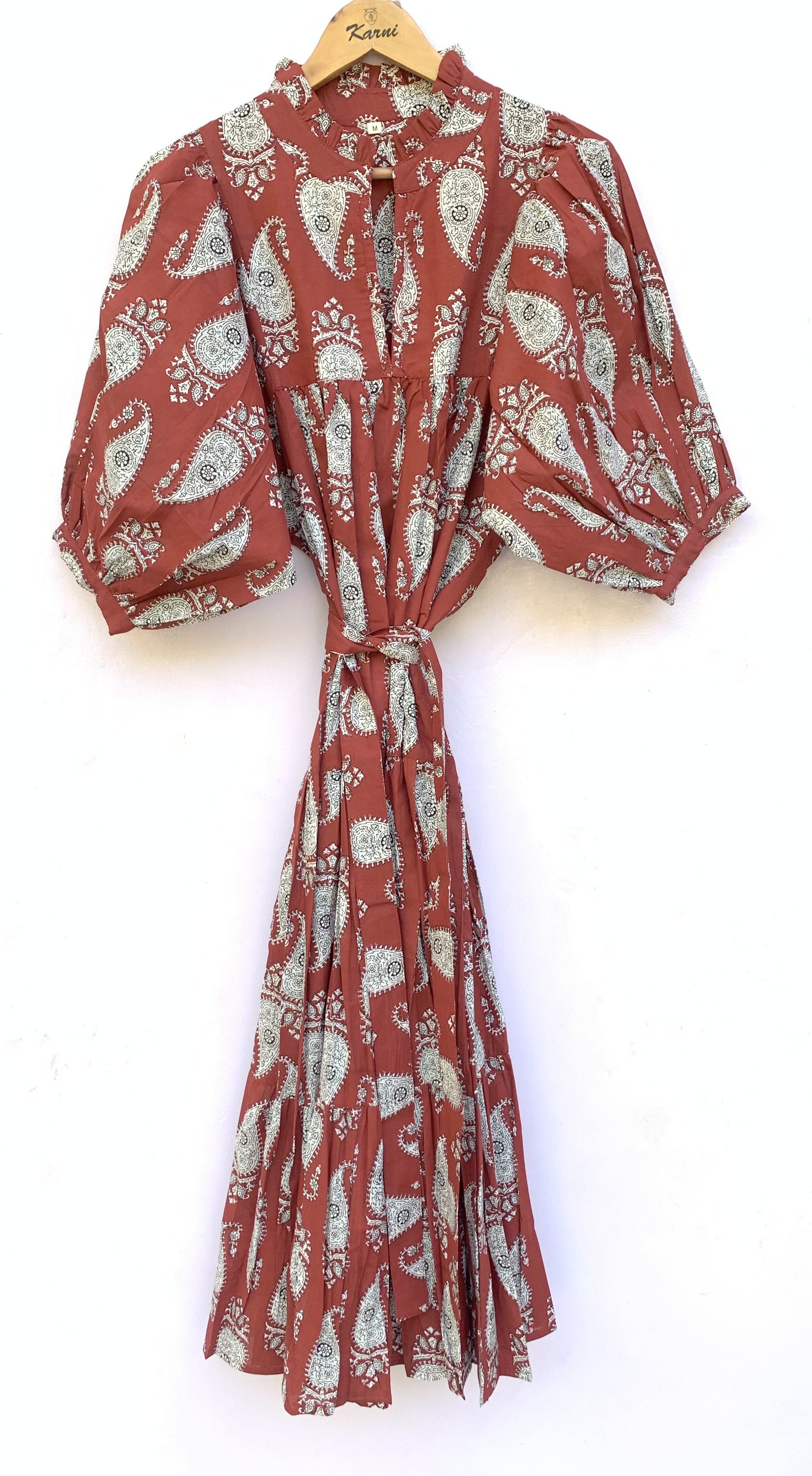 brown paisley block printed comfortable maxi dress