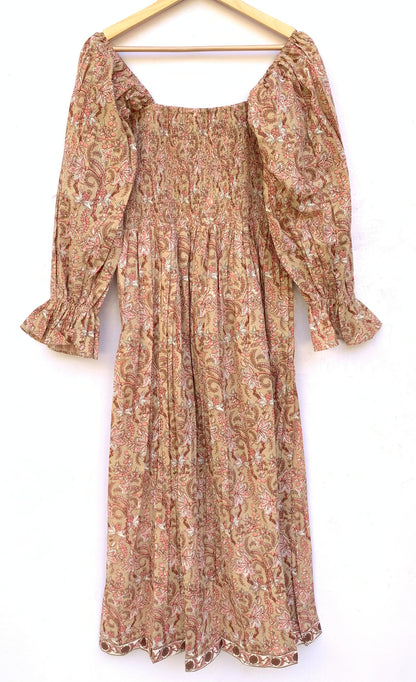 Tan Pink Floral Hand Block Printed Cotton Maxi Dress – Square Neck Bohemian Dress