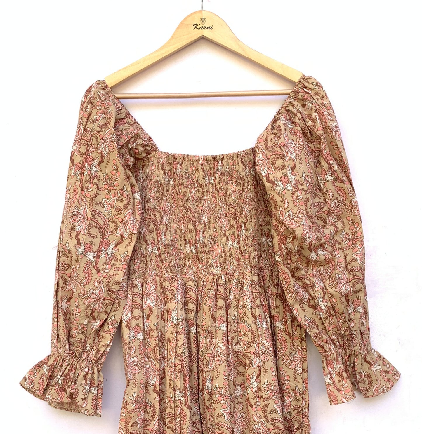 Tan Pink Floral Hand Block Printed Cotton Maxi Dress – Square Neck Bohemian Dress