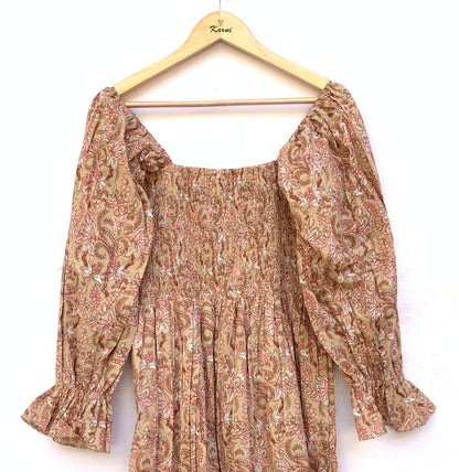 Tan Pink Floral Hand Block Printed Cotton Maxi Dress – Square Neck Bohemian Dress