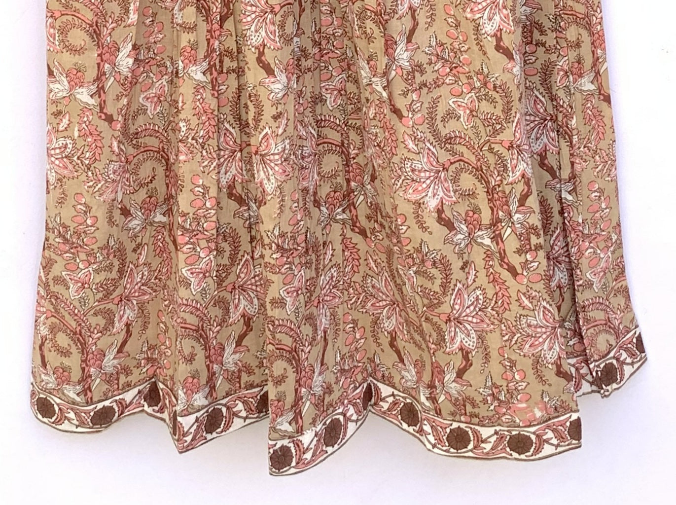 Tan Pink Floral Hand Block Printed Cotton Maxi Dress – Square Neck Bohemian Dress