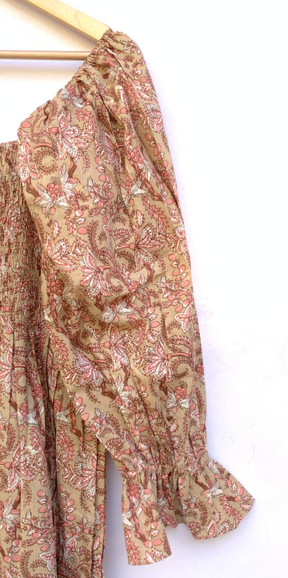 Tan Pink Floral Hand Block Printed Cotton Maxi Dress – Square Neck Bohemian Dress