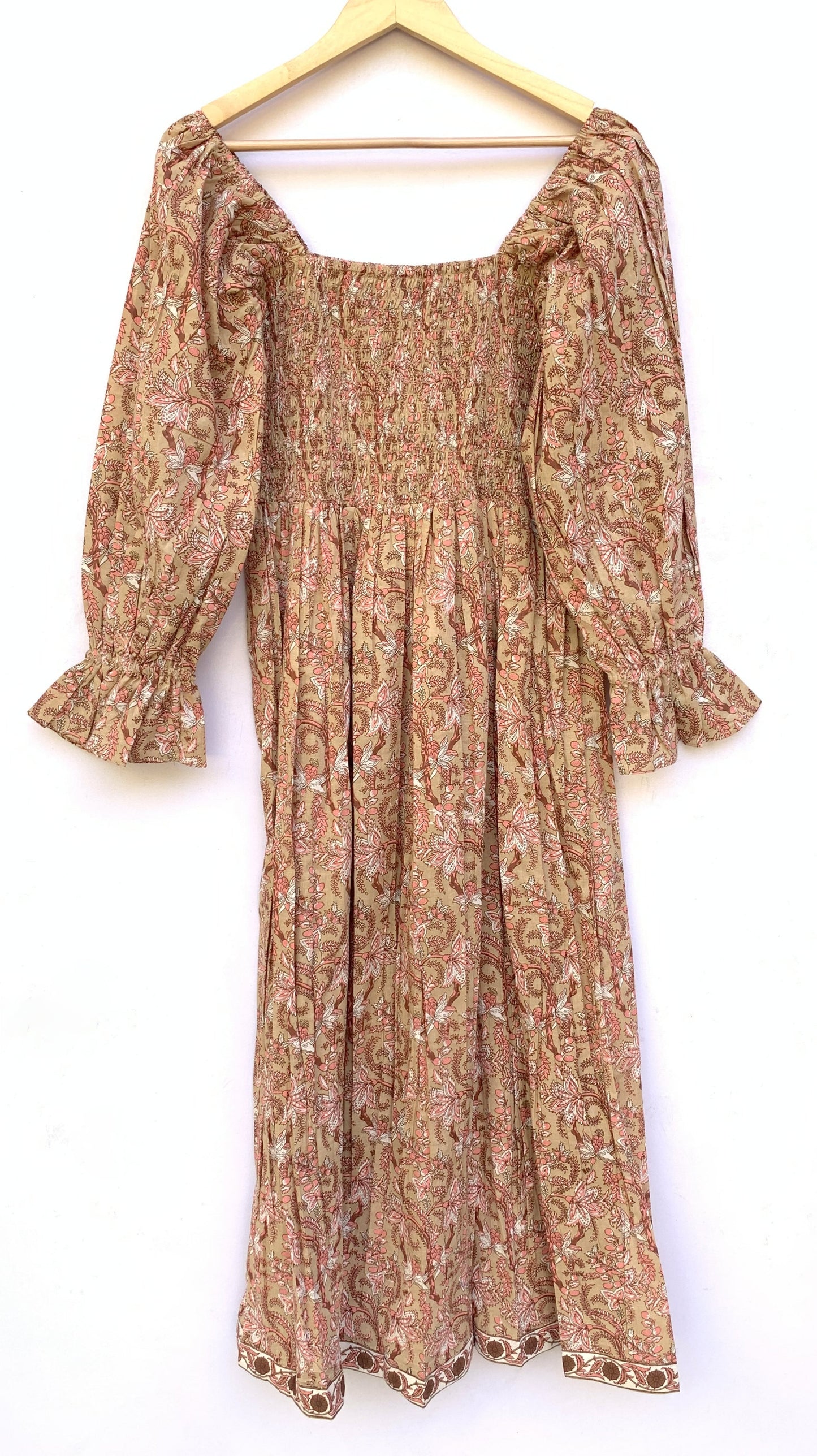 Tan Pink Floral Hand Block Printed Cotton Maxi Dress – Square Neck Bohemian Dress
