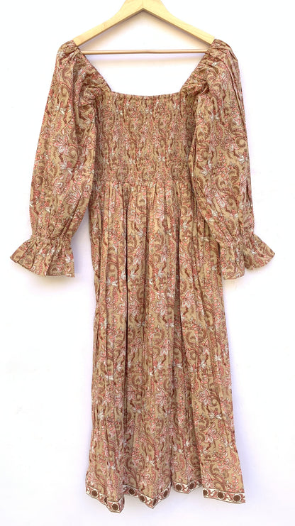 Tan Pink Floral Hand Block Printed Cotton Maxi Dress – Square Neck Bohemian Dress