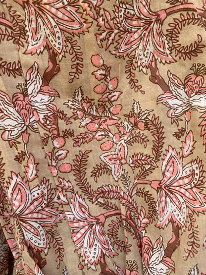 Tan Pink Floral Hand Block Printed Cotton Maxi Dress – Square Neck Bohemian Dress