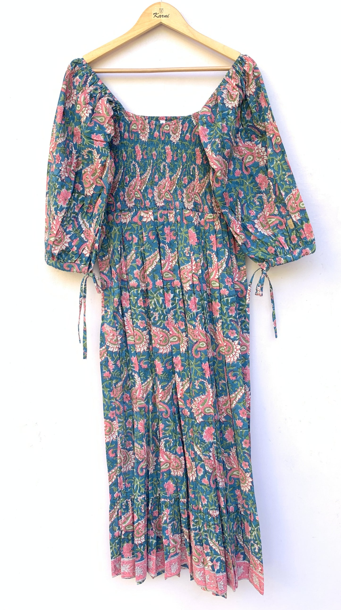 Teal Blue Floral Block Print Cotton Midi Dress – Smocked Puff Sleeve Boho Dress