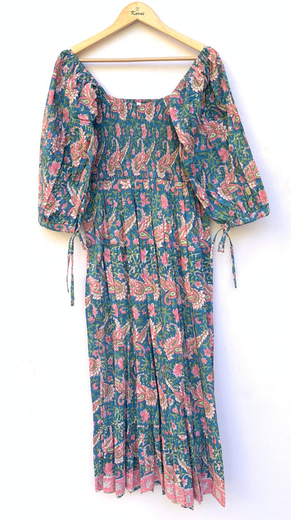 Teal Blue Floral Block Print Cotton Midi Dress – Smocked Puff Sleeve Boho Dress