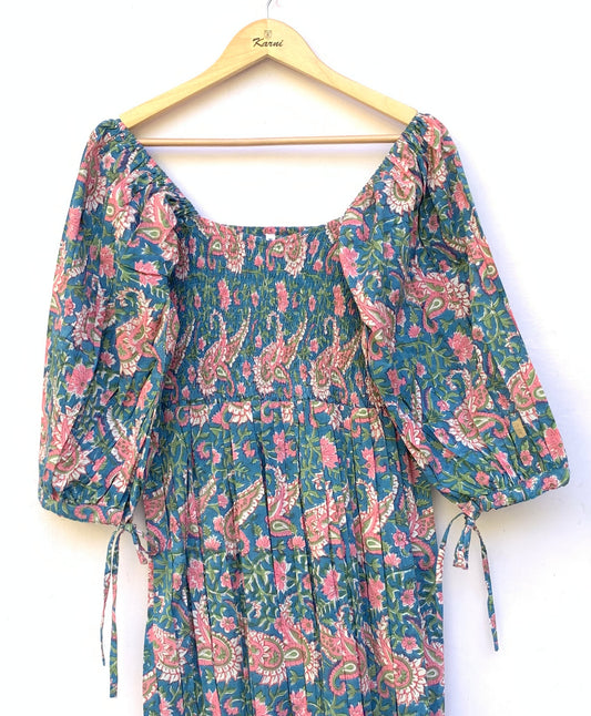 Teal Blue Floral Block Print Cotton Midi Dress – Smocked Puff Sleeve Boho Dress