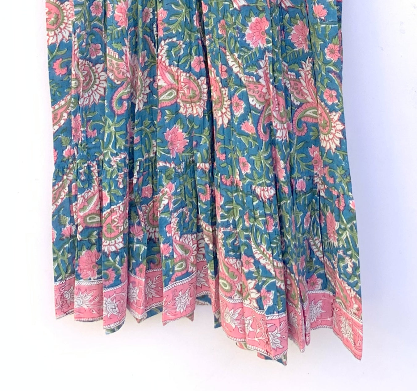 Teal Blue Floral Block Print Cotton Midi Dress – Smocked Puff Sleeve Boho Dress