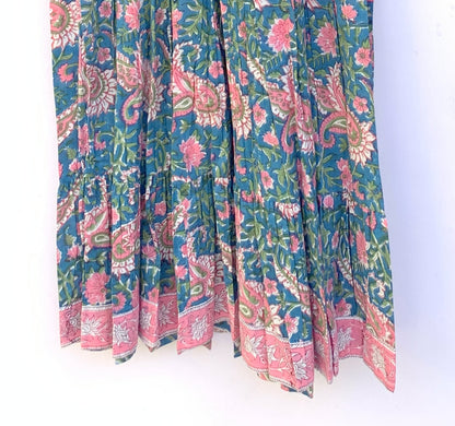 Teal Blue Floral Block Print Cotton Midi Dress – Smocked Puff Sleeve Boho Dress