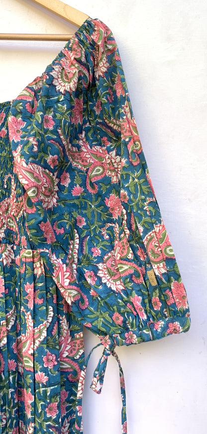 Teal Blue Floral Block Print Cotton Midi Dress – Smocked Puff Sleeve Boho Dress