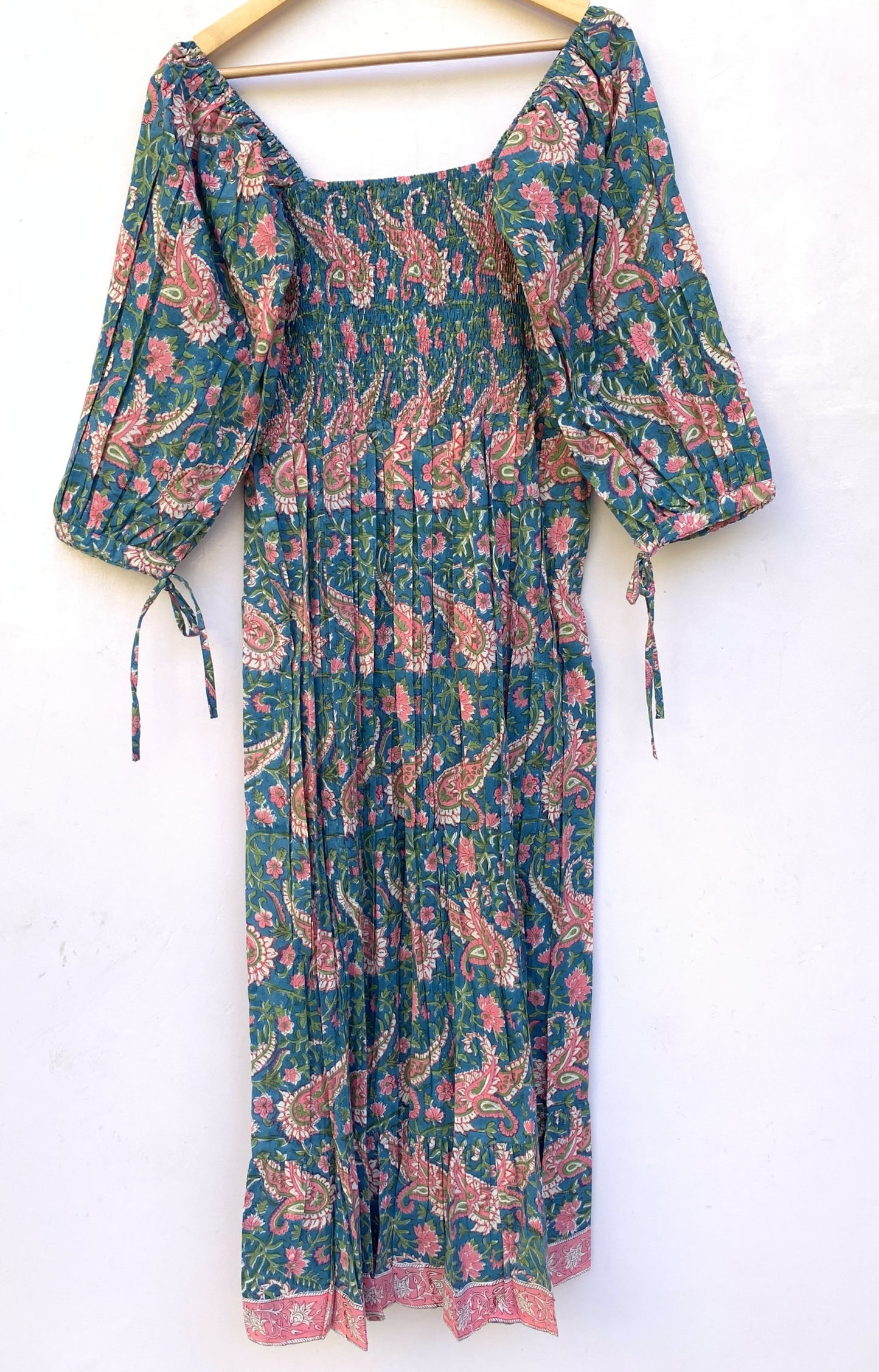 Teal Blue Floral Block Print Cotton Midi Dress – Smocked Puff Sleeve Boho Dress