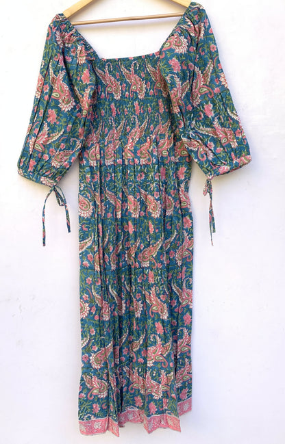 Teal Blue Floral Block Print Cotton Midi Dress – Smocked Puff Sleeve Boho Dress
