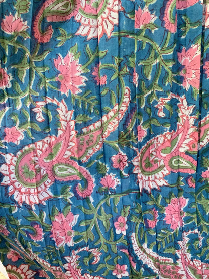 Teal Blue Floral Block Print Cotton Midi Dress – Smocked Puff Sleeve Boho Dress