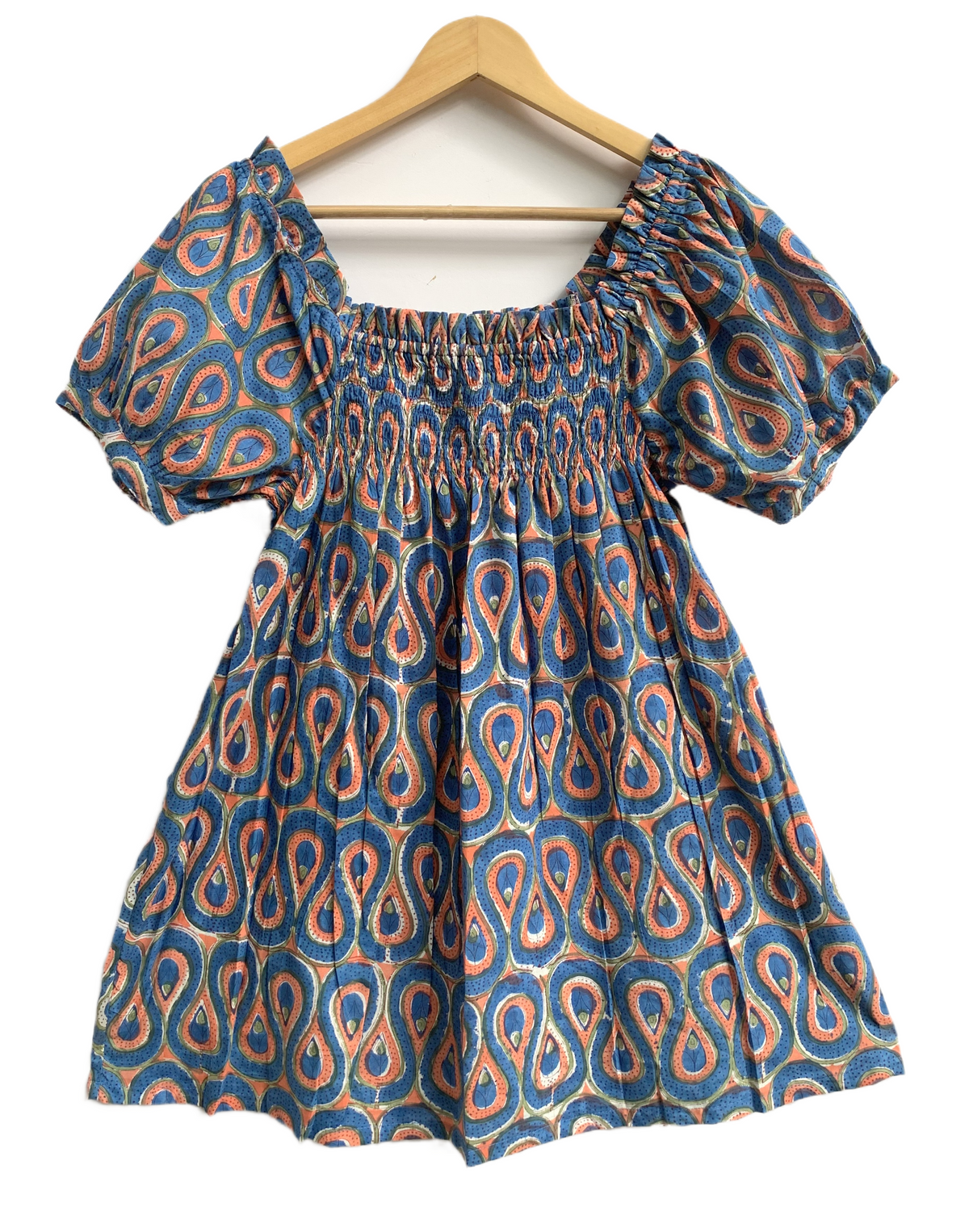 Blue Paisley Cotton Pajama Set with Smocked Off-Shoulder Top and Matching Shorts