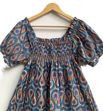 Blue Paisley Cotton Pajama Set with Smocked Off-Shoulder Top and Matching Shorts