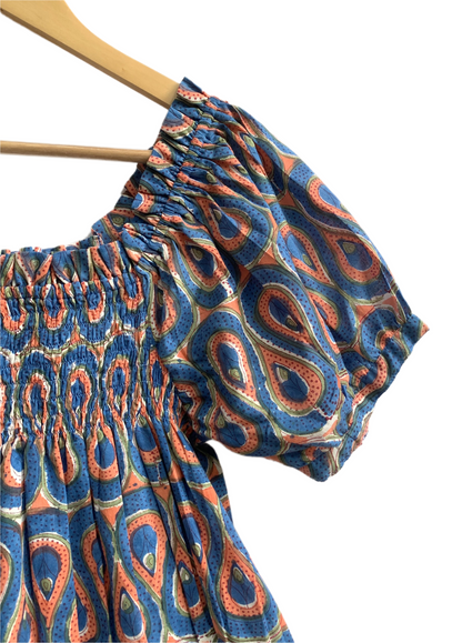 Blue Paisley Cotton Pajama Set with Smocked Off-Shoulder Top and Matching Shorts