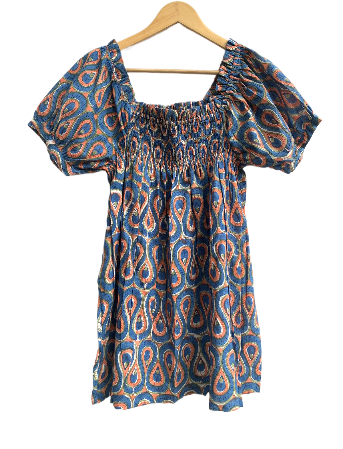 Blue Paisley Cotton Pajama Set with Smocked Off-Shoulder Top and Matching Shorts