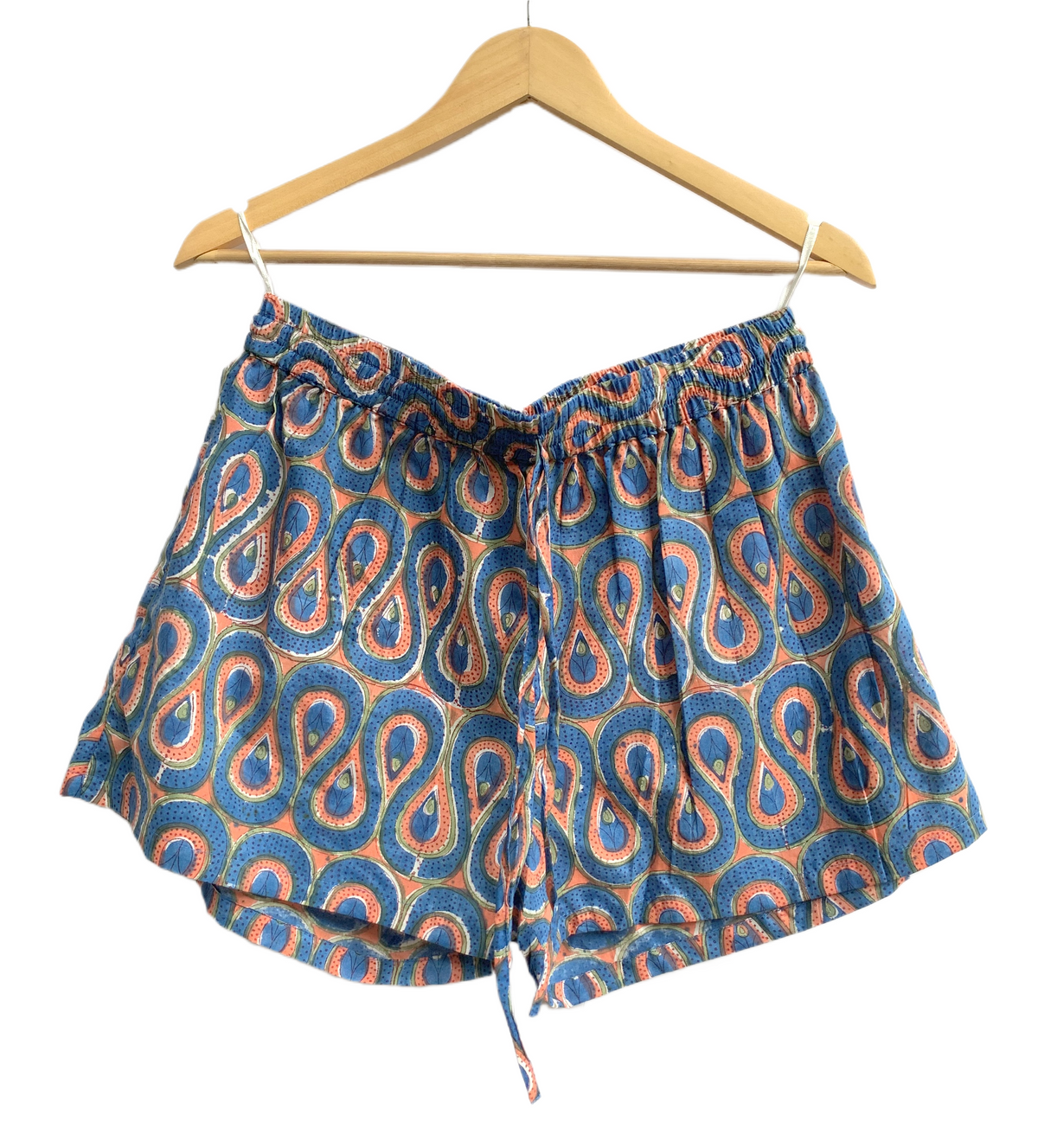 Blue Paisley Cotton Pajama Set with Smocked Off-Shoulder Top and Matching Shorts