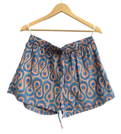Blue Paisley Cotton Pajama Set with Smocked Off-Shoulder Top and Matching Shorts