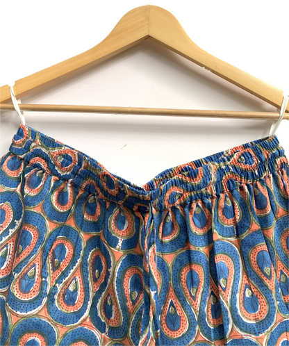 Blue Paisley Cotton Pajama Set with Smocked Off-Shoulder Top and Matching Shorts