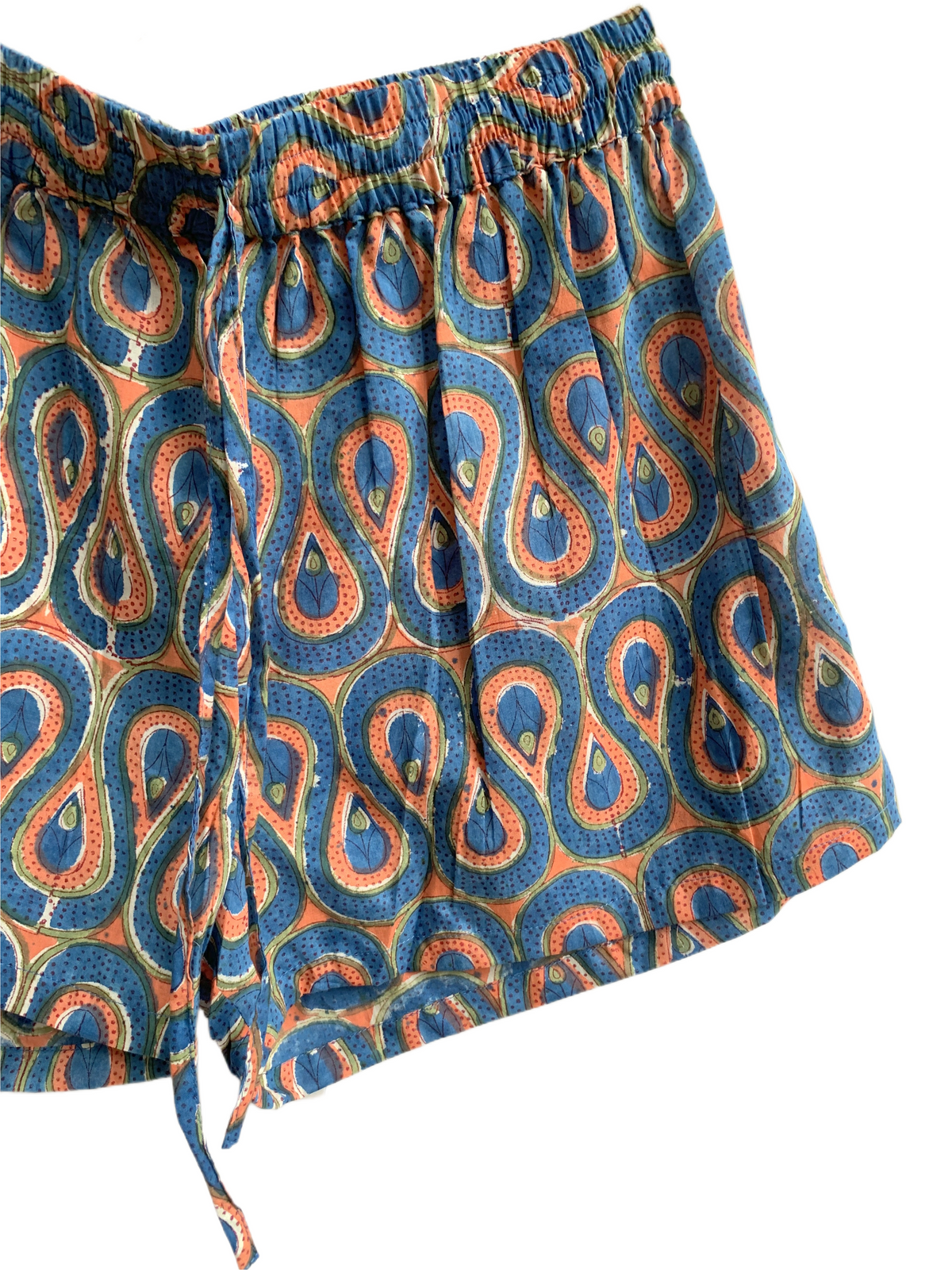 Blue Paisley Cotton Pajama Set with Smocked Off-Shoulder Top and Matching Shorts