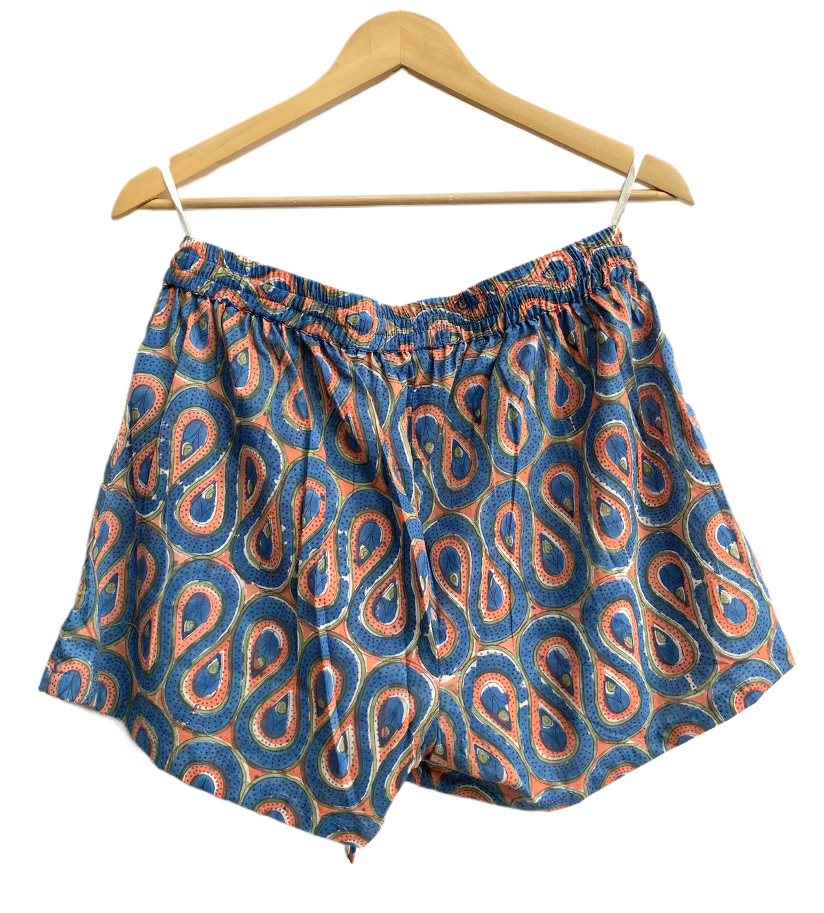 Blue Paisley Cotton Pajama Set with Smocked Off-Shoulder Top and Matching Shorts