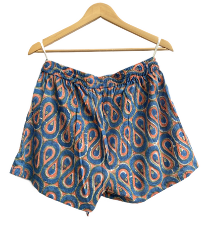 Blue Paisley Cotton Pajama Set with Smocked Off-Shoulder Top and Matching Shorts