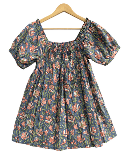 Blue Floral Cotton Pajama Set with Smocked Puff Sleeve Top and Matching Shorts