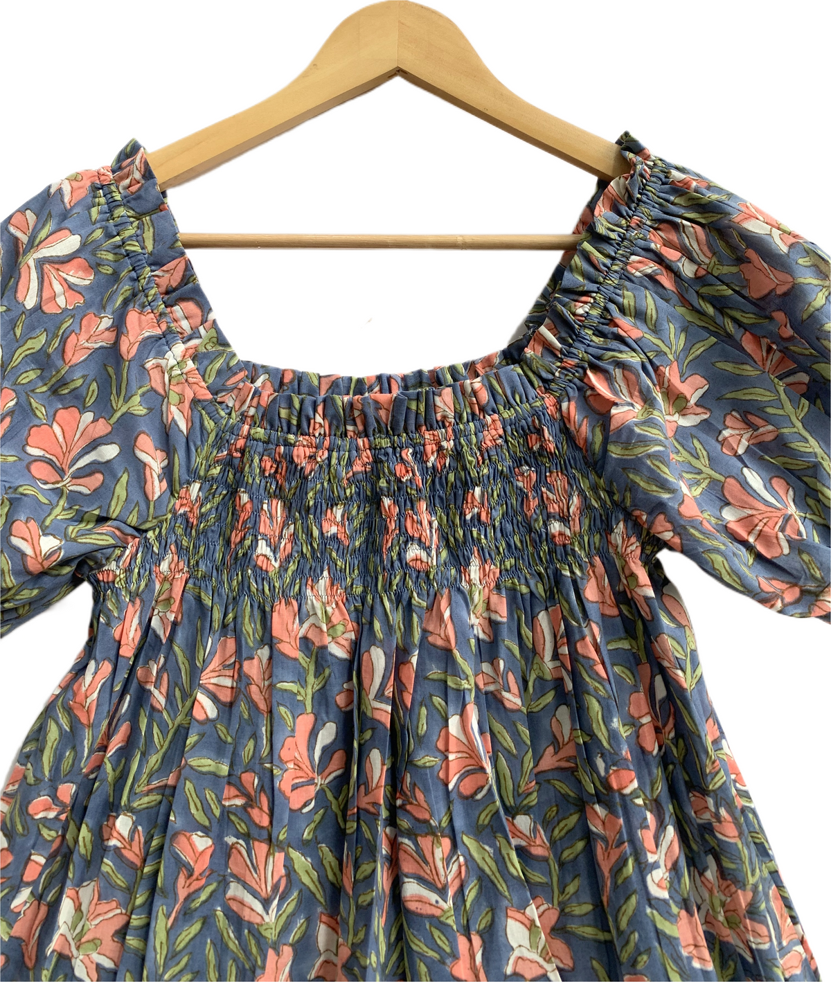Blue Floral Cotton Pajama Set with Smocked Puff Sleeve Top and Matching Shorts