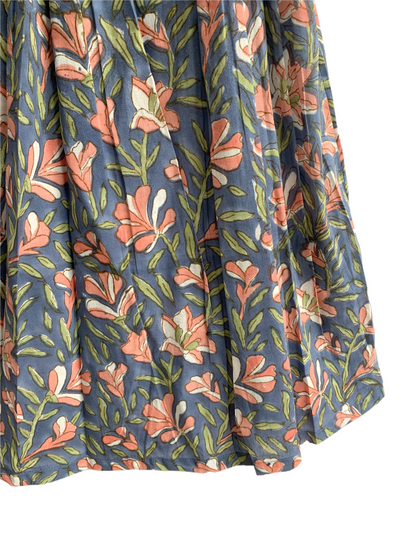 Blue Floral Cotton Pajama Set with Smocked Puff Sleeve Top and Matching Shorts