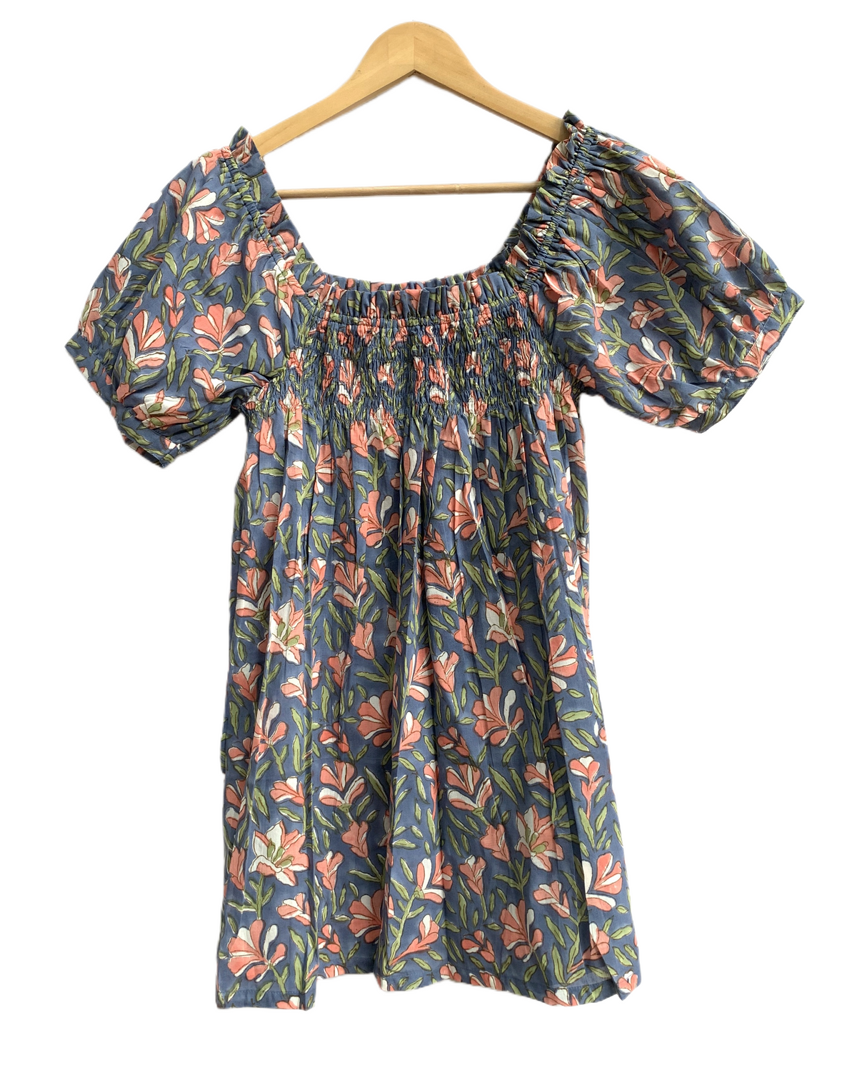 Blue Floral Cotton Pajama Set with Smocked Puff Sleeve Top and Matching Shorts