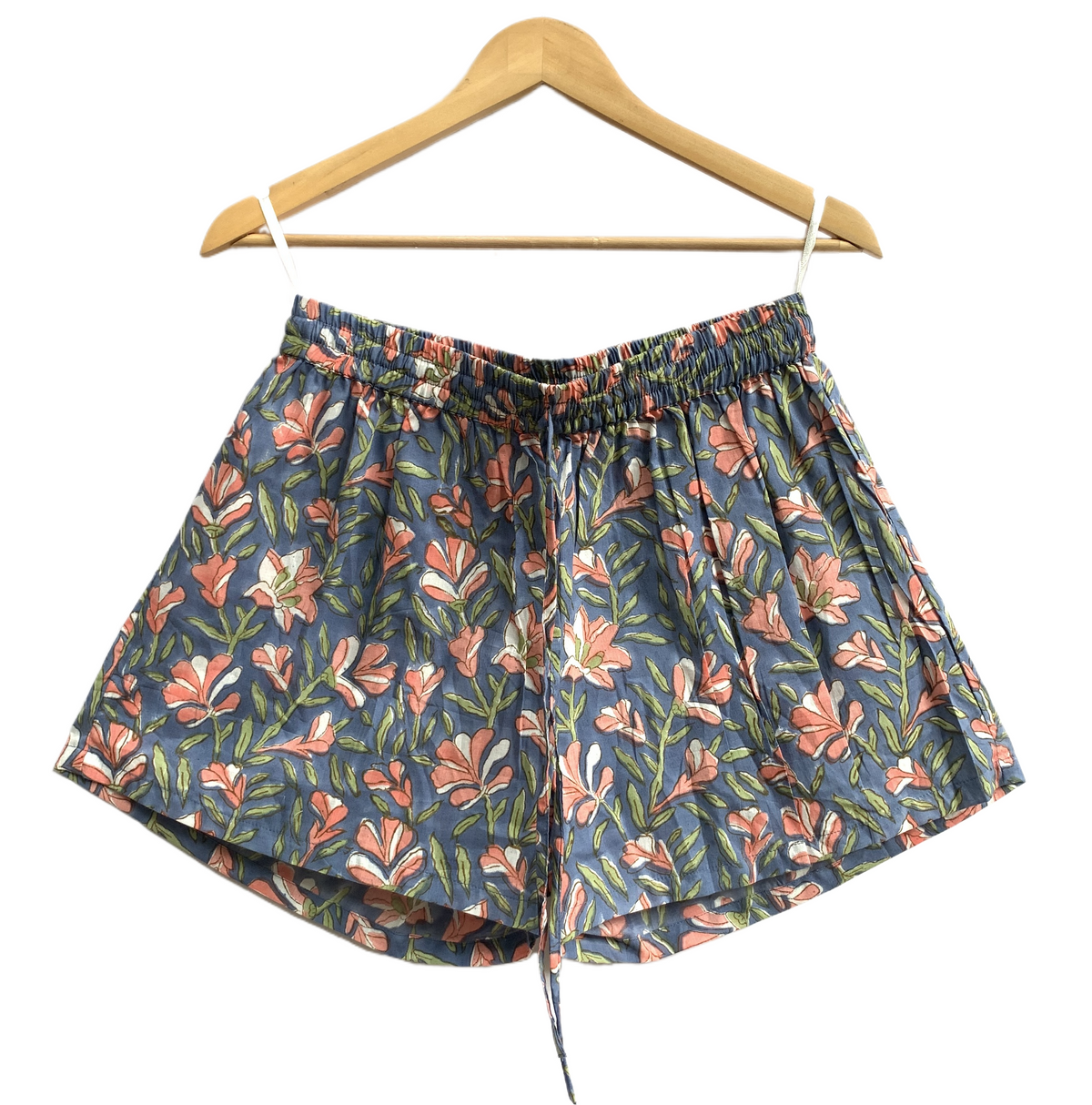 Blue Floral Cotton Pajama Set with Smocked Puff Sleeve Top and Matching Shorts