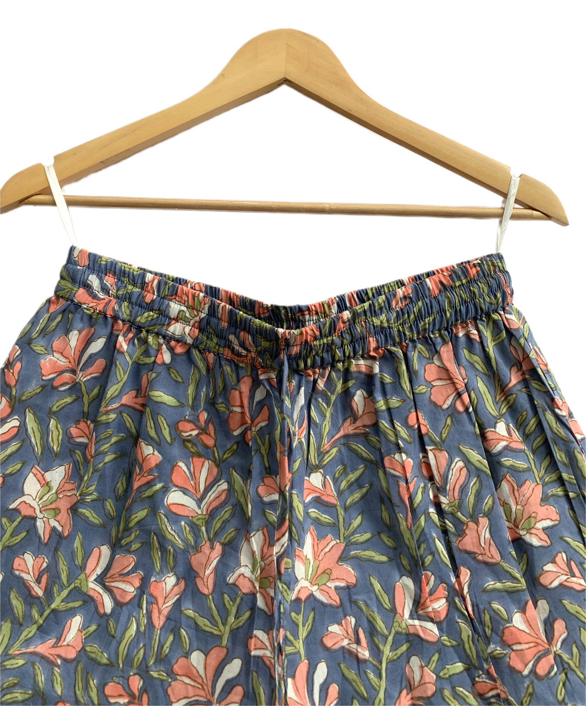 Blue Floral Cotton Pajama Set with Smocked Puff Sleeve Top and Matching Shorts