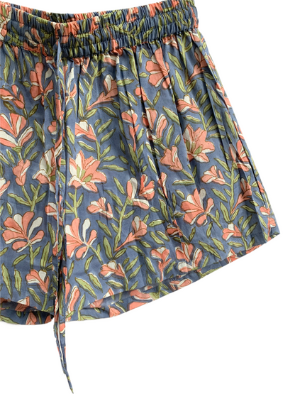 Blue Floral Cotton Pajama Set with Smocked Puff Sleeve Top and Matching Shorts