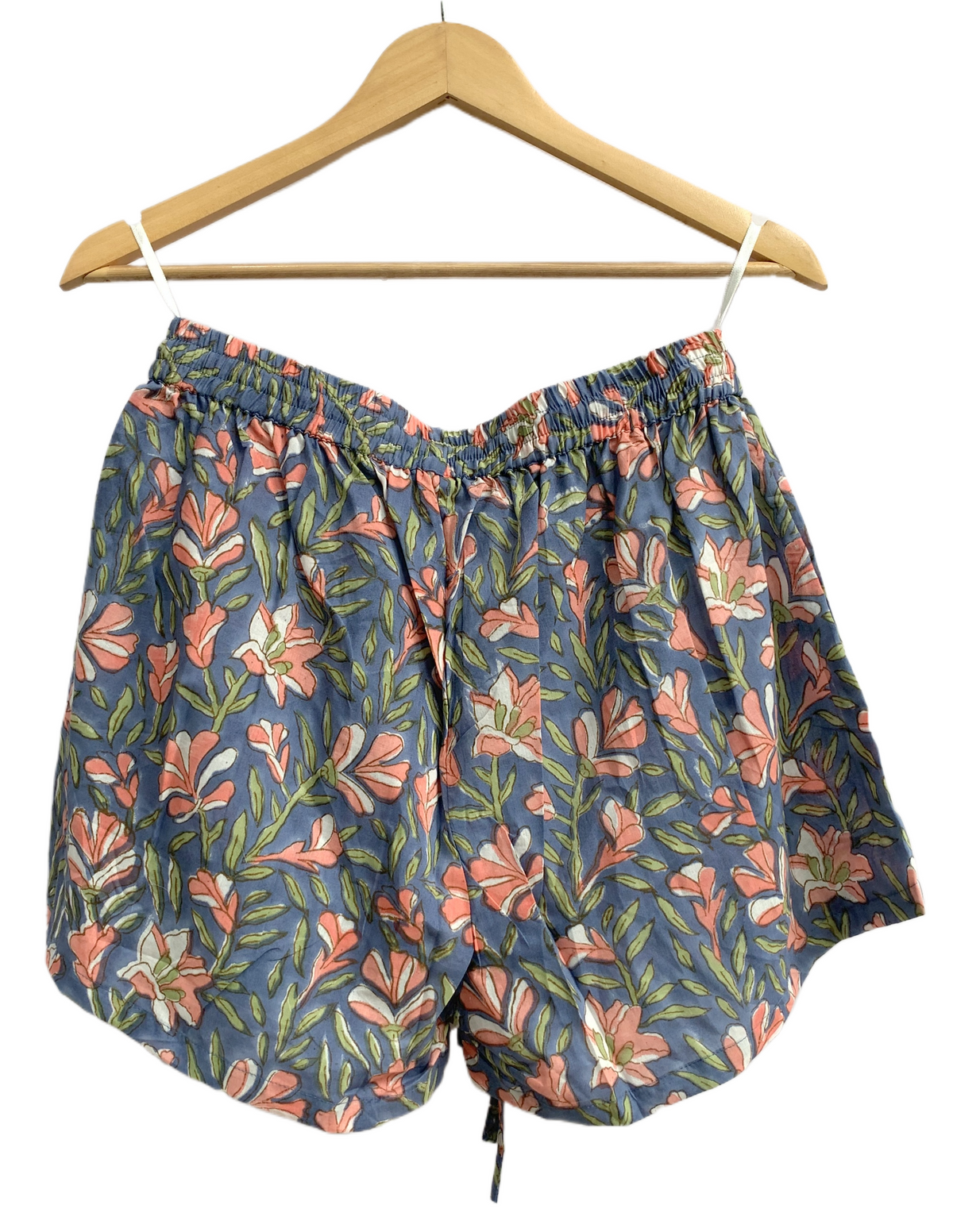 Blue Floral Cotton Pajama Set with Smocked Puff Sleeve Top and Matching Shorts