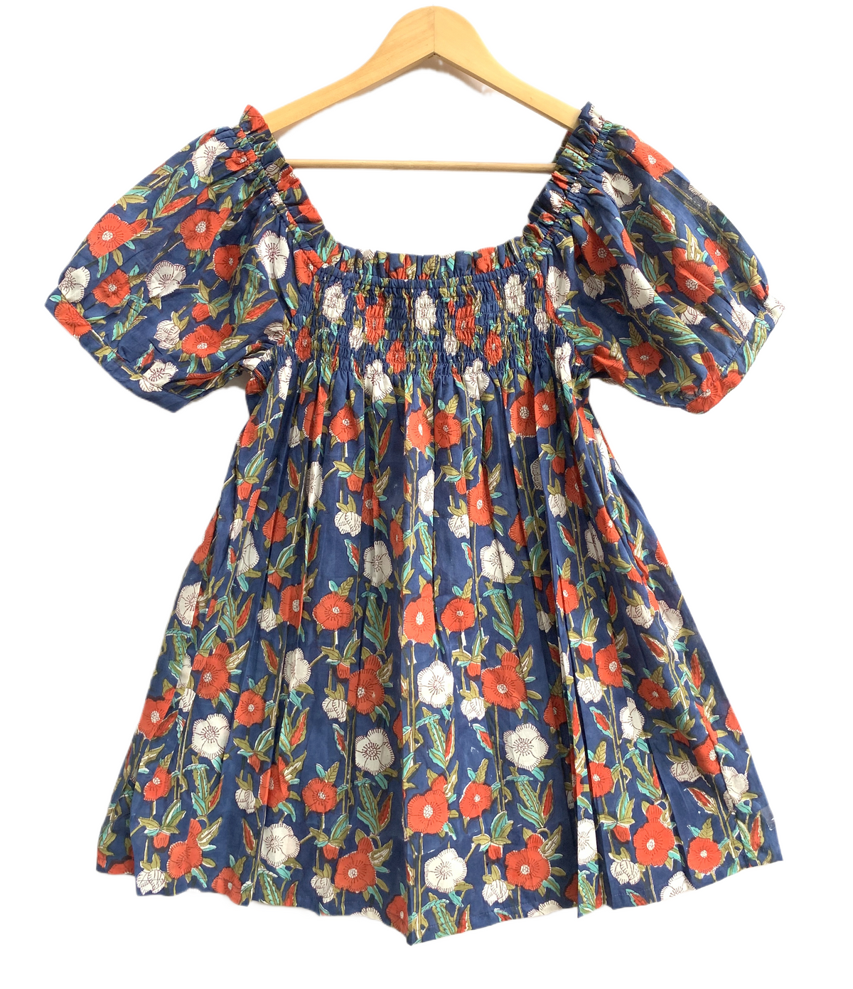 Blue Floral Printed Top and Shorts Set for Women, Smocked Puff Sleeve Cotton Lounge Set with Pockets