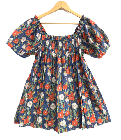 Blue Floral Printed Top and Shorts Set for Women, Smocked Puff Sleeve Cotton Lounge Set with Pockets
