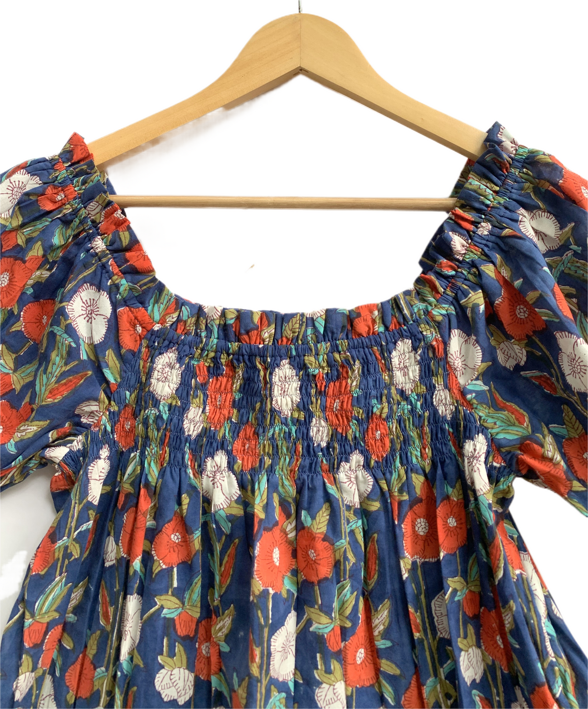 Blue Floral Printed Top and Shorts Set for Women, Smocked Puff Sleeve Cotton Lounge Set with Pockets
