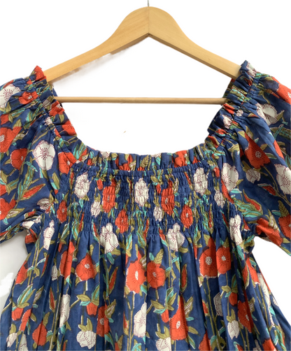 Blue Floral Printed Top and Shorts Set for Women, Smocked Puff Sleeve Cotton Lounge Set with Pockets