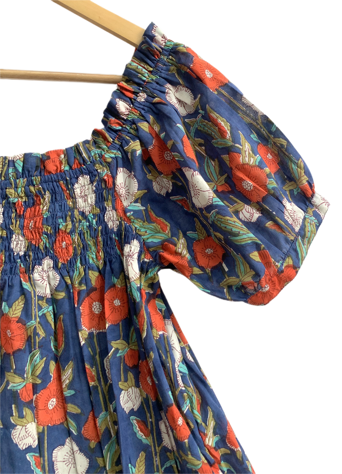 Blue Floral Printed Top and Shorts Set for Women, Smocked Puff Sleeve Cotton Lounge Set with Pockets