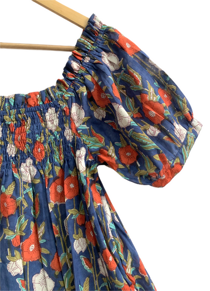 Blue Floral Printed Top and Shorts Set for Women, Smocked Puff Sleeve Cotton Lounge Set with Pockets