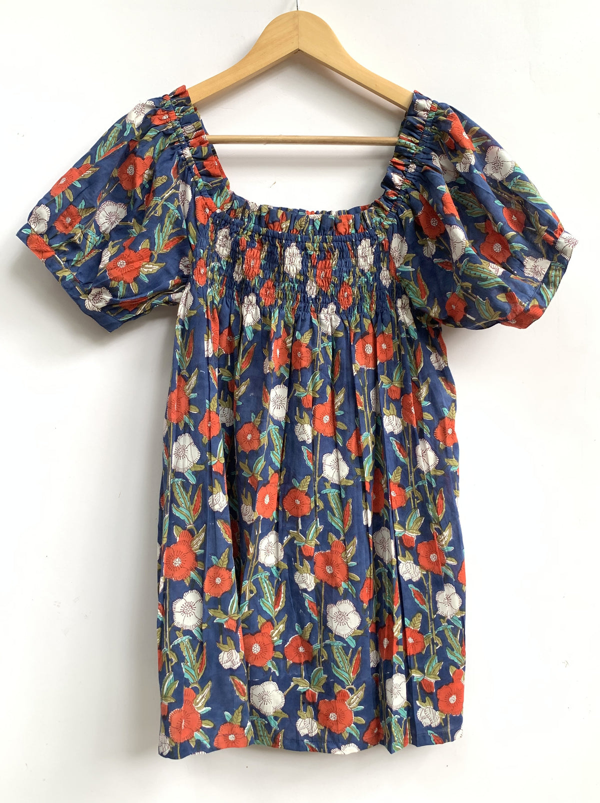 Blue Floral Printed Top and Shorts Set for Women, Smocked Puff Sleeve Cotton Lounge Set with Pockets