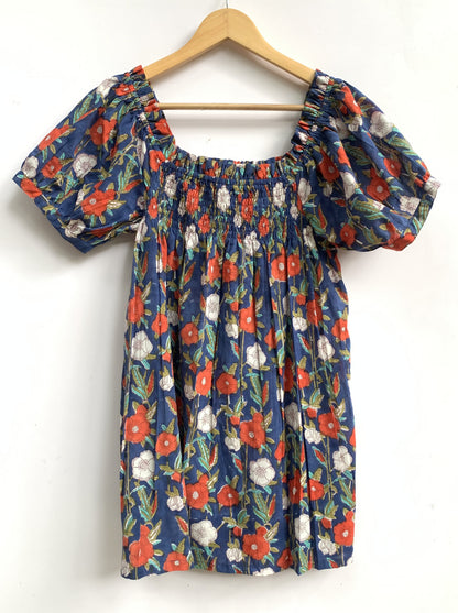 Blue Floral Printed Top and Shorts Set for Women, Smocked Puff Sleeve Cotton Lounge Set with Pockets