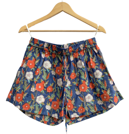 Blue Floral Printed Top and Shorts Set for Women, Smocked Puff Sleeve Cotton Lounge Set with Pockets